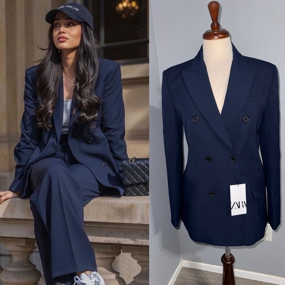 Jackets & Blazers - Zara Bloggers Fav Navy Blue Tailored Double Breasted Lapel Collar Blazer‎ Zs S